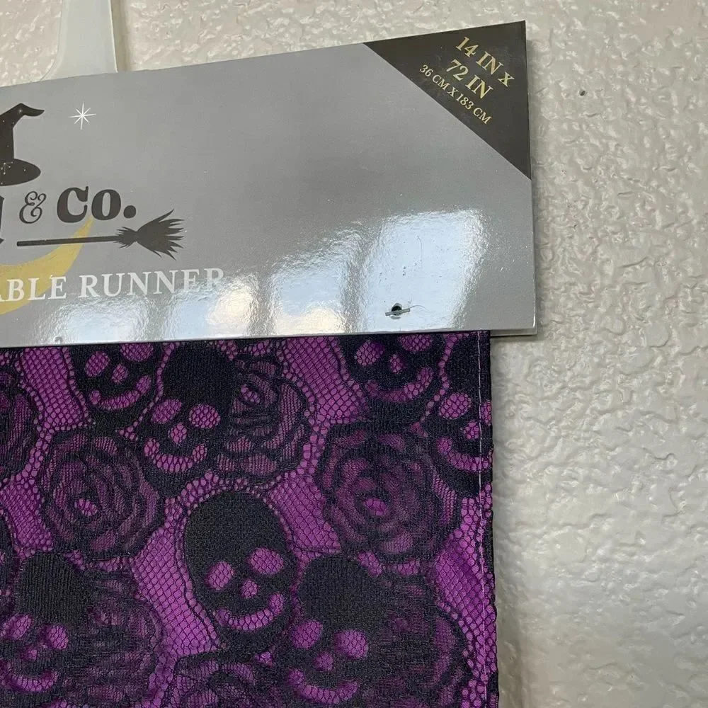 Halloween Purple Black Floral Skull Lace Mesh Table Runner